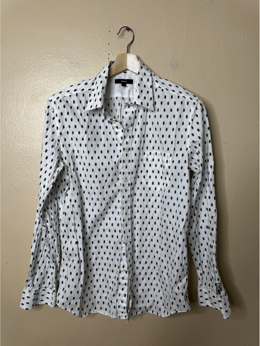 Diesel Men’s XL White Skull Print Button Up Shirt Long Sleeve Cotton Casual